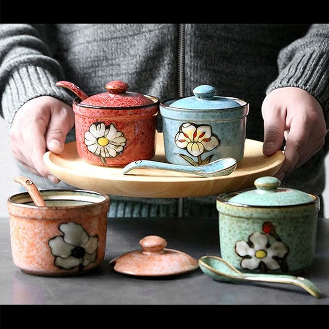 VanEnjoy Retro Hand Painted Flower Ceramic Round Sugar Bowls Spice Containers Porcelain Jar with Spoon Round Condiment