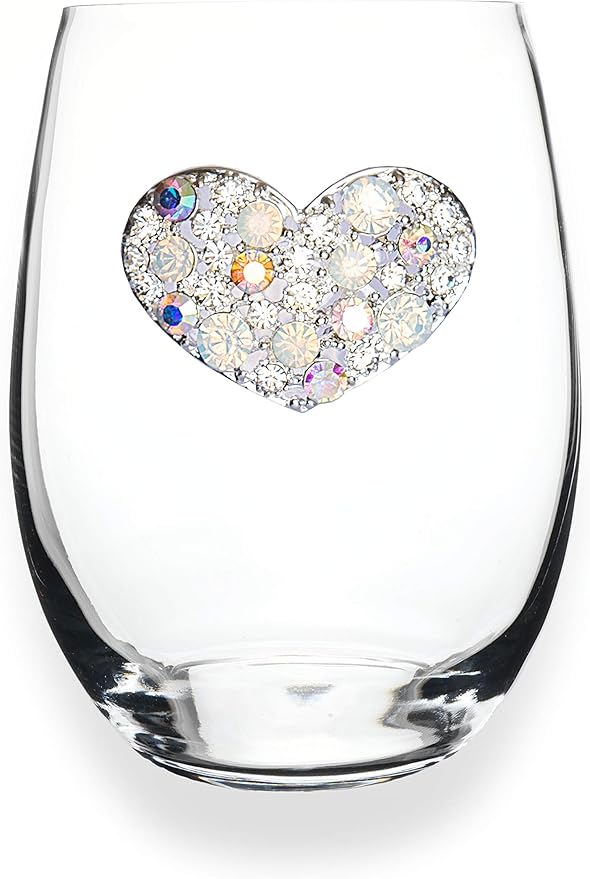 THE QUEENS' JEWELS Multi Stone Heart Jeweled Stemless Wine Glass, 21 oz. - Unique Gift for Women, Birthday, Cute, Fun, Not Painted, Decorated, Bling, Bedazzled, Rhinestone