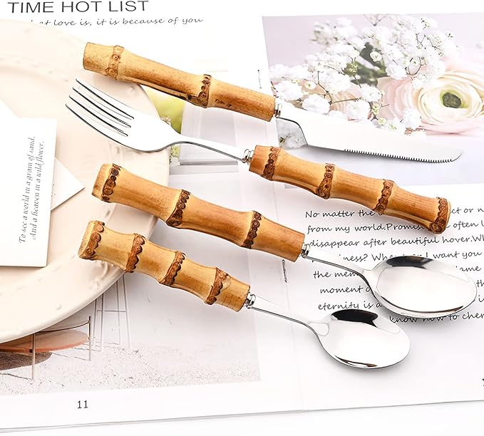 8pcs Silver Teaspoon, Stirring Spoon Bamboo Handle Ice Cream Spoon, Coffee Tea Spoon Set, Food Grade 18/10 Stainless Steel Tablespoons, 6.3-inch