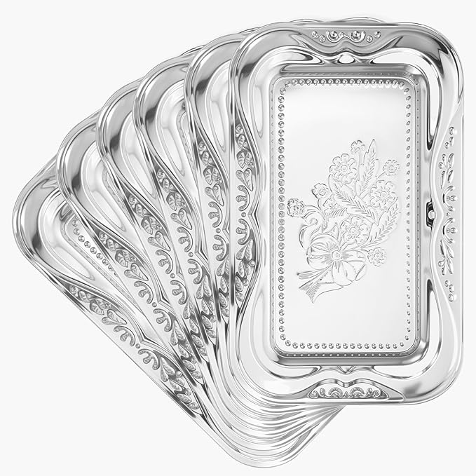 6 Packs Silver Serving Trays, 13.8" x 8.7" Bow Floral Engraved Mirror Decorative Tray, Stainless Steel Trinket Tray, Retro Vintage Embossing Rectangle Reusable Party Platters, for Tea Coffee Fruit Des