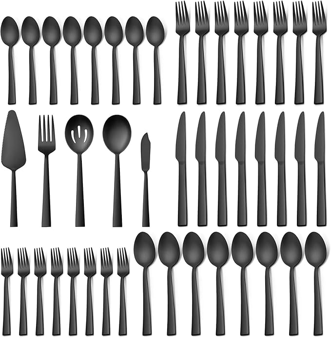 VeSteel 45Pcs Matte Black Silverware Set with Serving Utensils, Stainless Steel Flatware Set Service for 8, Metal Cutlery Eating Utensils Tableware Includes Forks/Spoons/Knives/Hostess Set