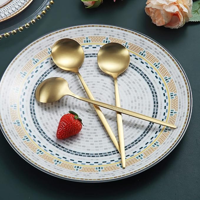 Matt Gold 6 Piece Dinner Spoons - 8.1'' Stainless Steel Tablespoons, Soup & Dessert Spoons, Silverware for Home, Kitchen or Restaurant, Dishwasher Safe