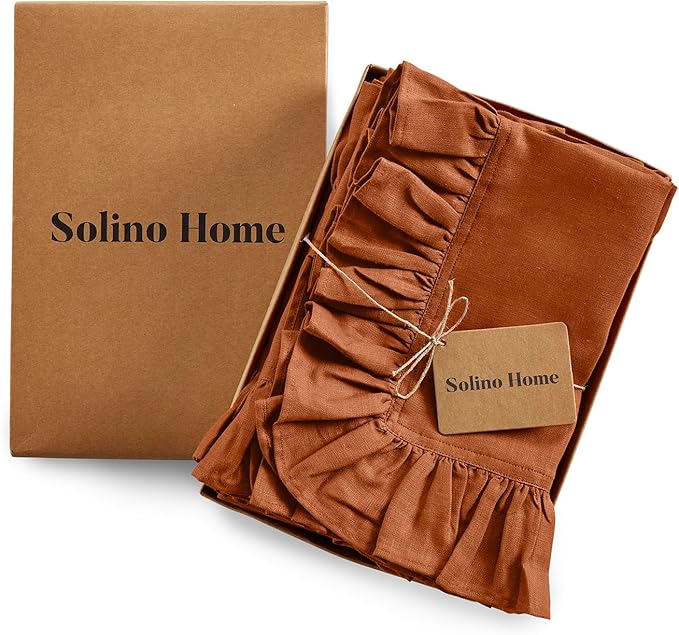 Solino Home Linen Ruffle Napkins Set of 4-100% Pure Linen Cinnamon Dinner Napkins Cloth 20 x 20 Inch - Gabrielle Ruffle, Handcrafted and Machine Washable