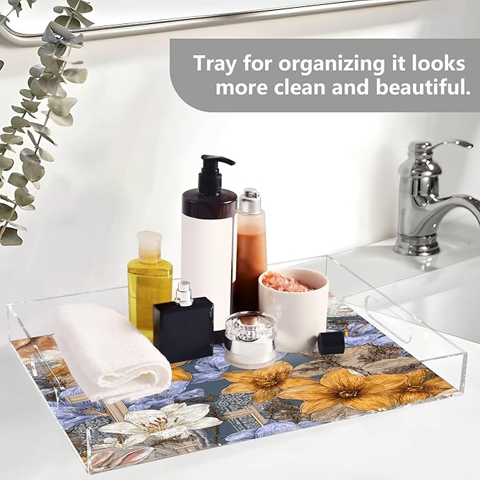 Serving Tray with Handles Clear Acrylic Tray 12x16 Inch Decorative Rectangular Tray Organizer for Ottoman Coffee Table Bathroom Blue Lily Cross Easter
