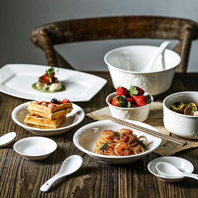 Ceramics Dinner Sets,Bowl/Dish/Plate|44 Pieces Dinnerware Embossed Pattern Tableware Set White -Family Party and Kitchen Restaurant Plates