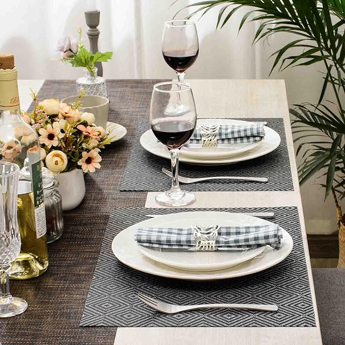 AHHFSMEI Placemats for Dining Table Set of 6 Woven Vinyl Plastic Place Mats Non-Slip Heat Insulation Stain Resistant Table Mats Washable Easy Clean Placemats (Black Grey Checker)