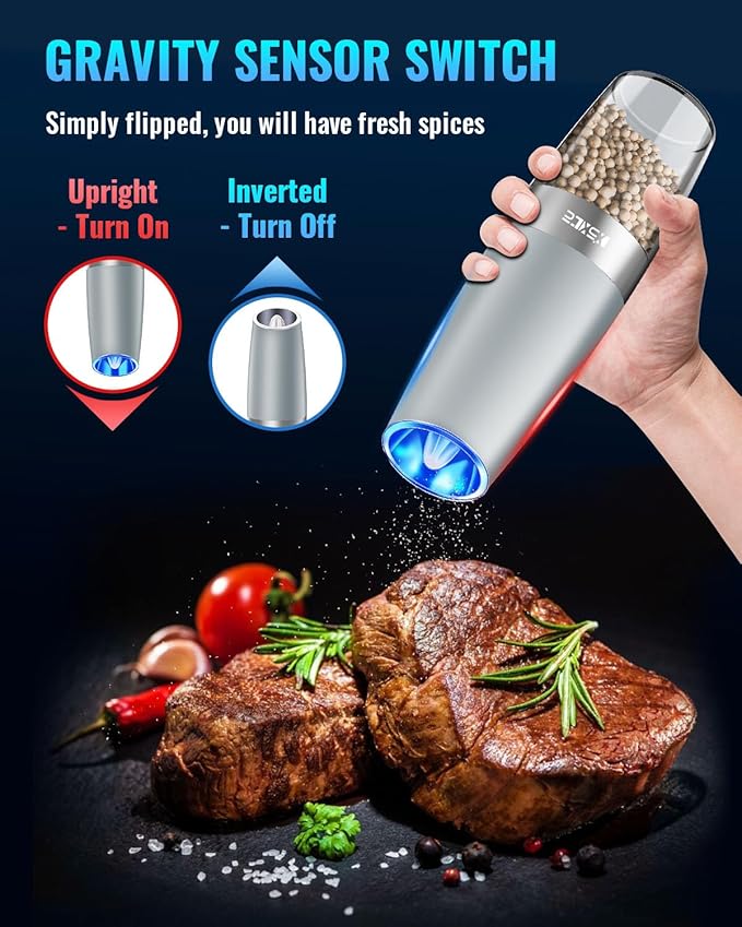 XinXu Gravity Electric Pepper and Salt Grinder Set, Adjustable Coarseness, with LED Light, One Hand Automatic Operation (Set/Light Grey X)