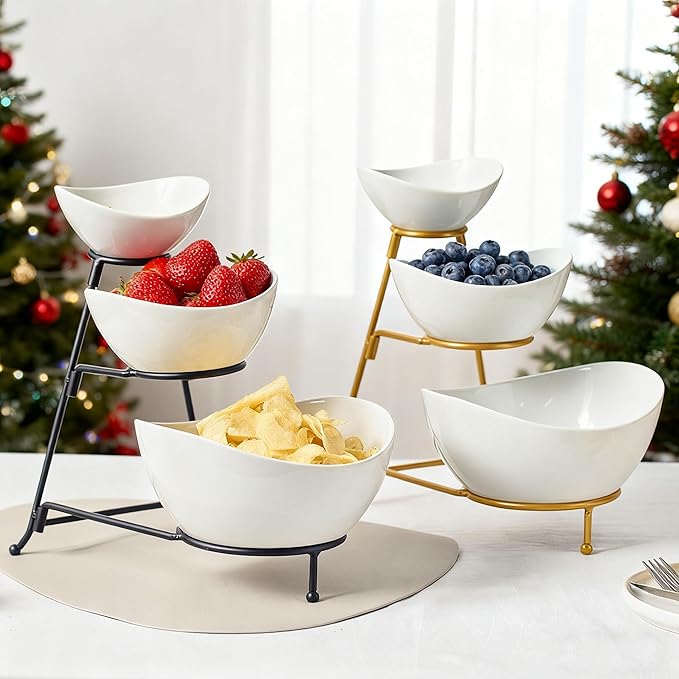 Gomakren 3 Tiered Oval Serving Bowl With Collapsible Metal Rack, Chip and Dip Serving Set, Dessert Appetizer, Candy, Fruit, Vegetable Bowl Set, Christmas Serving Bowls For Entertaining (Black Stand)