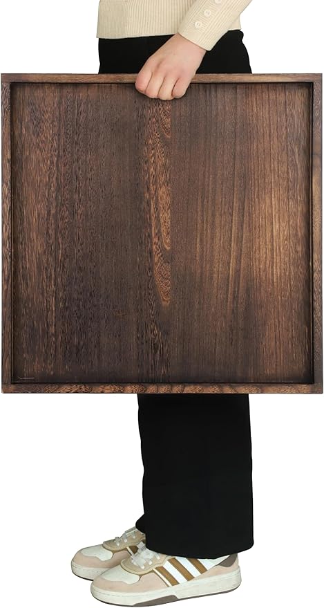 20" Rustic Wooden Serving Tray - Extra Large Square Ottoman Table Tray for Farmhouse Decorative Oversized Coffee Table Trays Living Room Kitchen Counter Breakfast Brown
