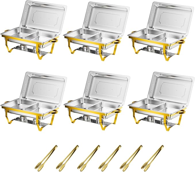 Gold Chafing Dishes for Buffet Set of 6, 9.5QT Chafing Dish Buffet Set with Tongs, Chafers and Buffet Warmers Set, Stainless Steel Food Warmers for Parties Buffet, Party Food Warmer Buffet Set