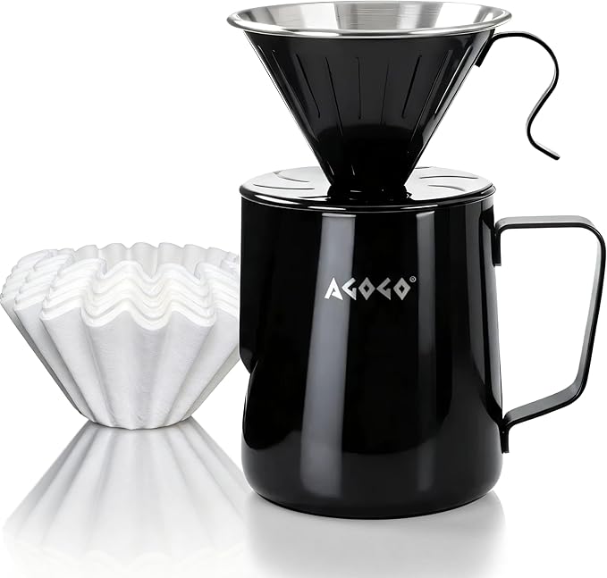 AGOGO Portable Pour Over Coffee Maker V60 Set - Easy Cleaning Compact 304 Stainless Steel Dripper for Camping & 50 Filters Paper & Cleaning Rag Black 20 oz