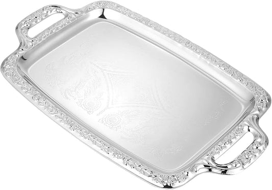 Silver Metal Serving Tray with Handle, Rectangular Storage Plate for Kitchen and Living Room, Food Tableware Tray, Vintage Style Serving Plate, 15. 33 X 9. 04 Inch