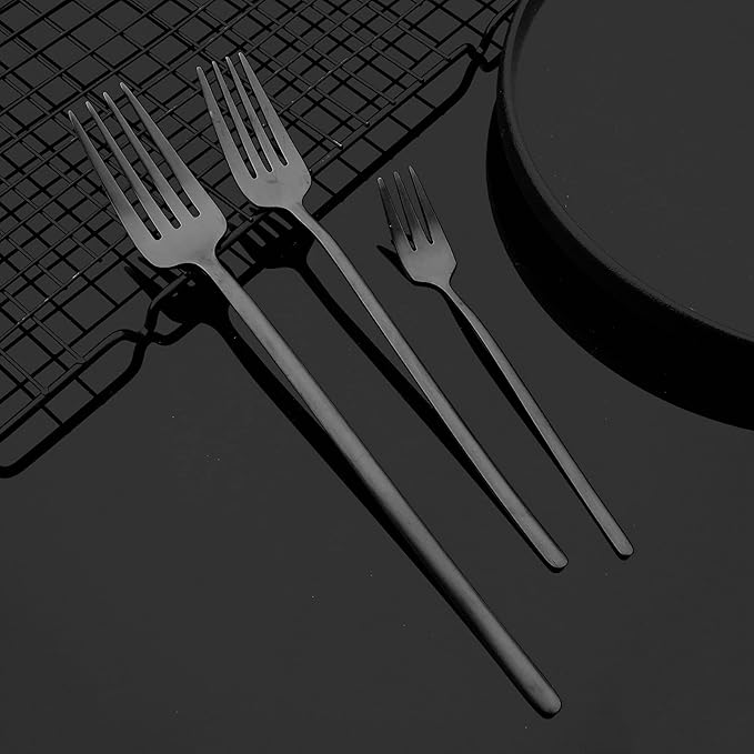JASHII Modern Design 304 Stainless Steel 5.3" Tea Fork Set,3 prong Small Cake Fruit Forks and 5.4" Coffee Spoons Frosted Handle for Coffee Ice Cream Sugar Parties Events Wedding - Black