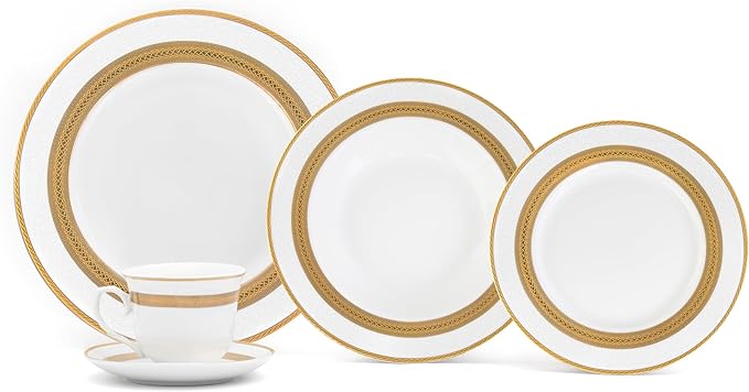 Royalty Porcelain "Queen" 20-Piece White & Gold Dinnerware Set, 24K Gold-Plated Fine Porcelain, Service for 4