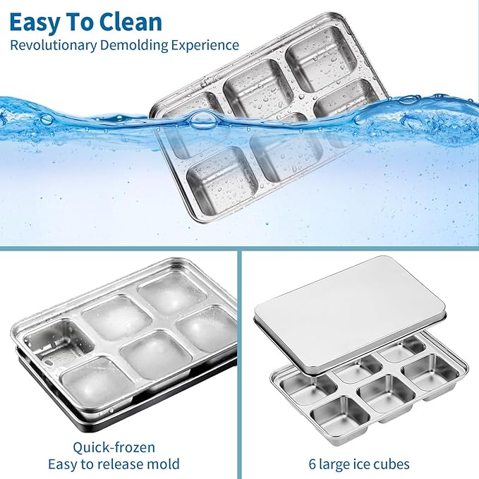Stainless Steel Ice Cube Trays with Lid, Easy Release Durable Metal Ice Mold for Freezer, Ideal for Whiskey, Cocktails & Drinks (4 Pack)