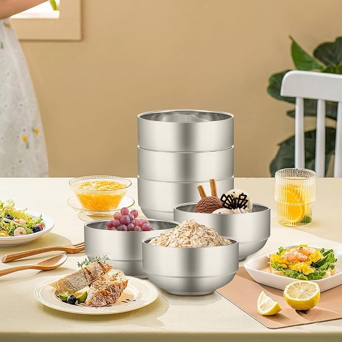 6 Pcs Stainless Steel Bowls, 4.7 inches deep x 2.4 inches high Soup Bowls Stainless Steel Cereal Bowls Double-walled Metal Serving for Rice, Ice cream, Food-grade Material Dishwasher Safe