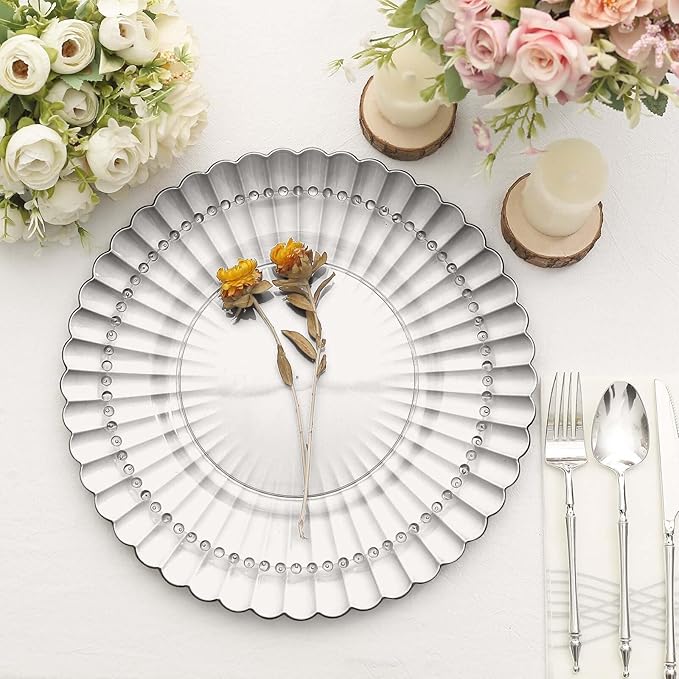 Efavormart 6 Pack | 13" Silver Scalloped Shell Pattern Plastic Serving Plates, Round Disposable Charger Plates
