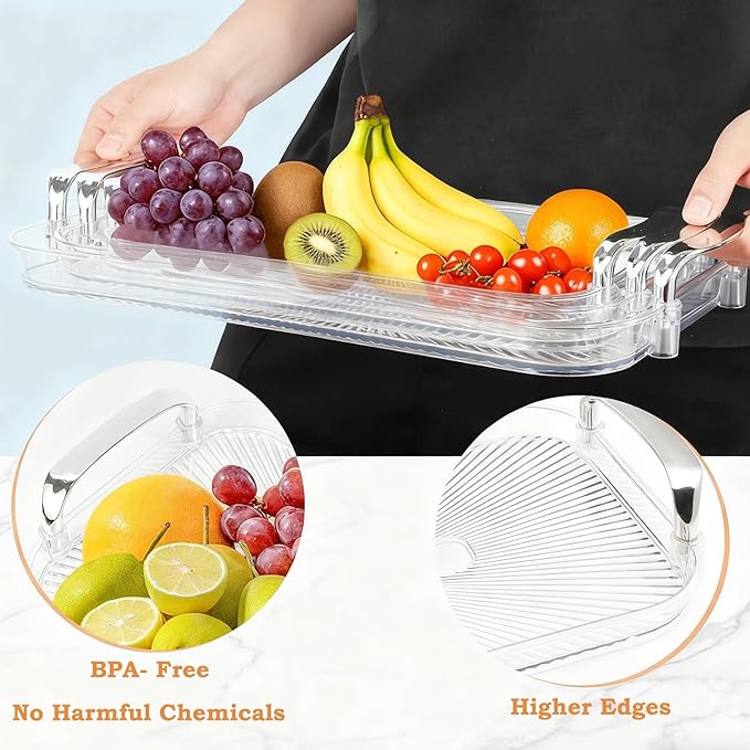 Set of 3 Serving Platters with Handles 16.5/15/13.2 Inch Reusable Large Serving Trays, Party Food Tray, Rectangular Dinner Plates for Cookie, Cake, Turkey, Cheese, Fruit, Snack(Transparent)