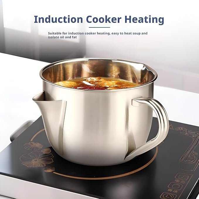 Fat Separator with Dual Spout Design, 304 Stainless Steel Gravy and Sauce Strainer, Oil Strainer with Cool-Touch Handle for Broth, Stew, Hot Pot (M)