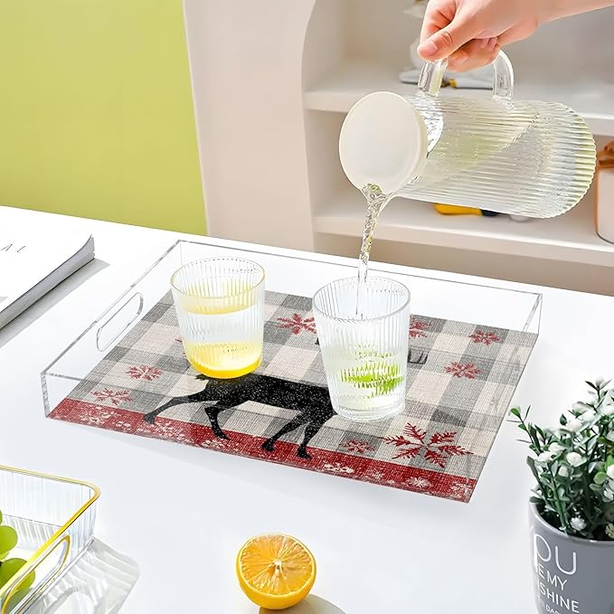 Serving Tray with Handles Clear Acrylic Tray 12x16 Inch Decorative Rectangular Tray Organizer for Ottoman Coffee Table Bathroom Grey Checkered Christmas Deer