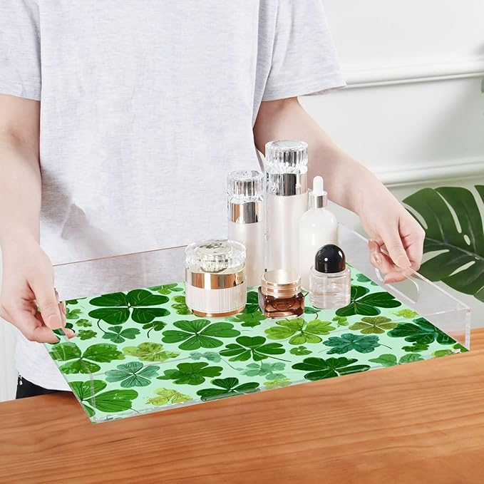 Serving Tray with Handles Clear Acrylic Tray 12x16 Inch Decorative Rectangular Tray Organizer for Ottoman Coffee Table Bathroom Green Nature St Patrick Clovers