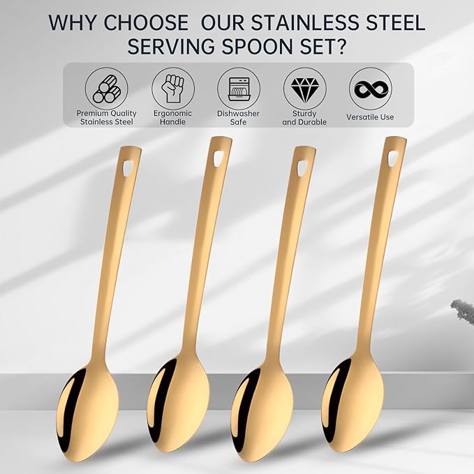 DOCBLACK 13 Inch Serving Spoons Set, Heavy Duty Stainless Steel Buffet Spoons with Long Handle for Kitchen, Restaurant, Party, Dishwasher Safe (Gold, 4PCS 13 inches)