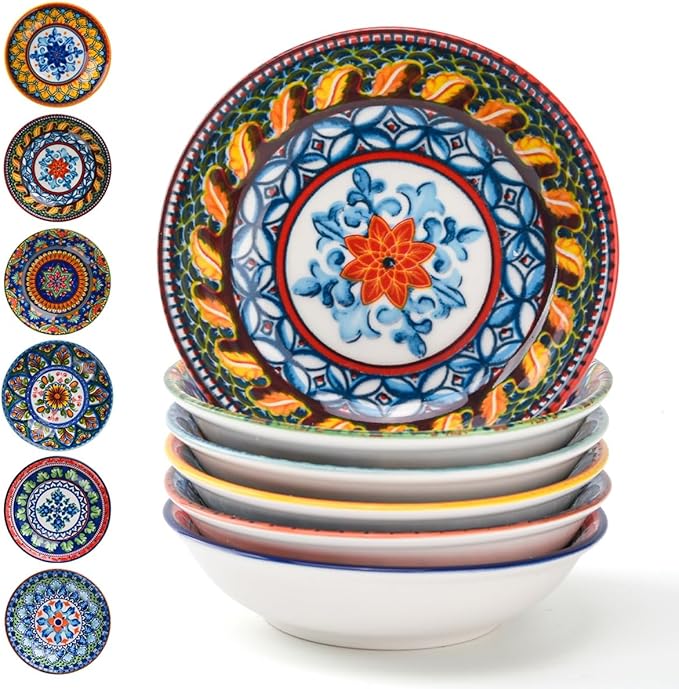 Set of 6 Bohemian Style Small Ceramic Dishes - Ideal for Sauce Cups, Dip Bowls & Appetizer Plates (4 inches, 1)