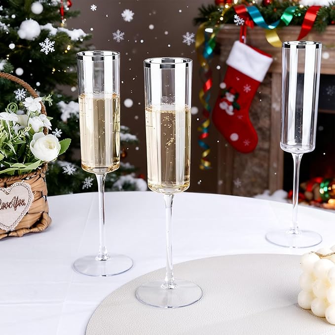 Ciaell 24 Pack Silver Plastic Champagne Flutes - 6 Oz Disposable Champagne Glasses - Square Silver Rim Plastic Toasting Glasses for Party Birthday Anniversary Wedding