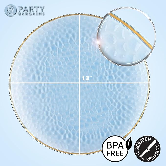 PARTY BARGAINS 13-Inch Charger Plates - 16 Pack, Hammered Blue Gold Rim, Heavy-Duty Disposable Chargers for Elegant Dining - Ideal for Weddings and Formal Events