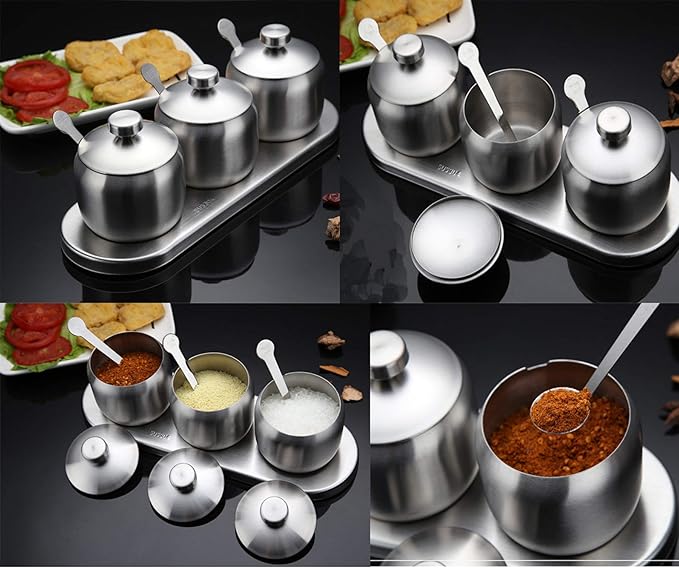 TENTA KITCHEN TENT 18/8 Stainless Steel Seasoning Containers Set Spice Jar Spice Rack Condiment Cruet Bottle Salt Pepper Sugar Storage Organizers with 3 Serving Spoons And Non-slip Base