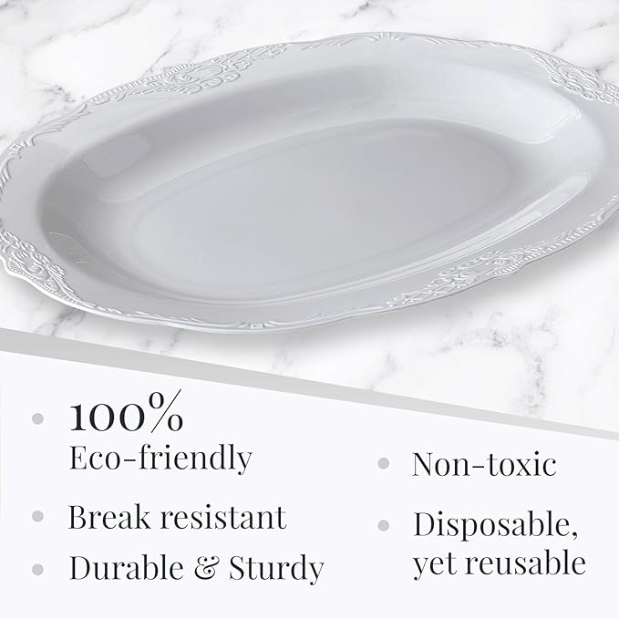 Vintage Embossed Serving Trays (3 PC) Disposable Platters for Party 12.5" x 9", Plastic Trays for Food, Snacks, Charcuterie, Desserts, Sweets, Perfect for Upscale Weddings, Buffets, and Events - Grey