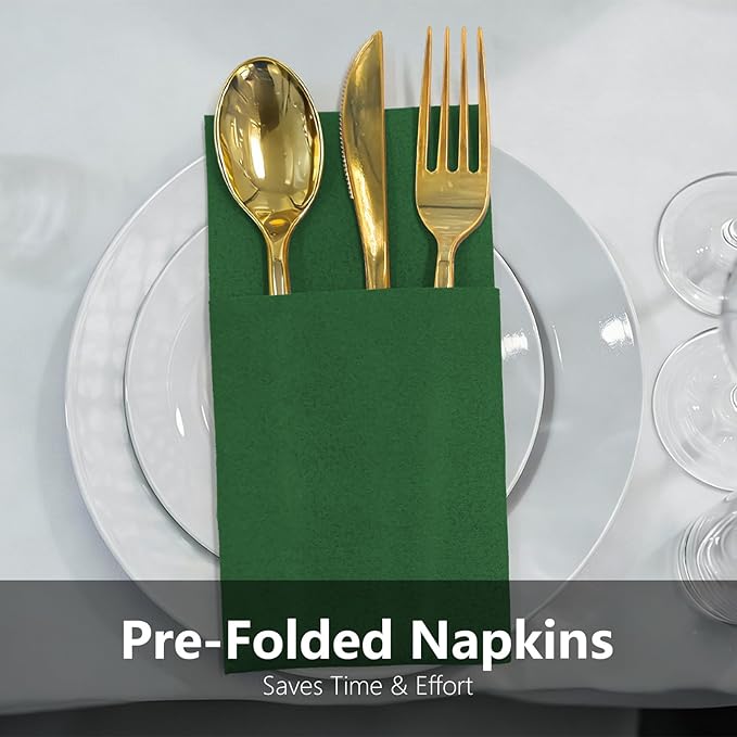 Pine Linen Feel Napkins with Flatware Pocket, 50 Pack Cloth Like Pre-Folded Napkins for Silverware, Guest Hand Towel for Dinner Party Wedding Decoration (16. x 15.5 inch)