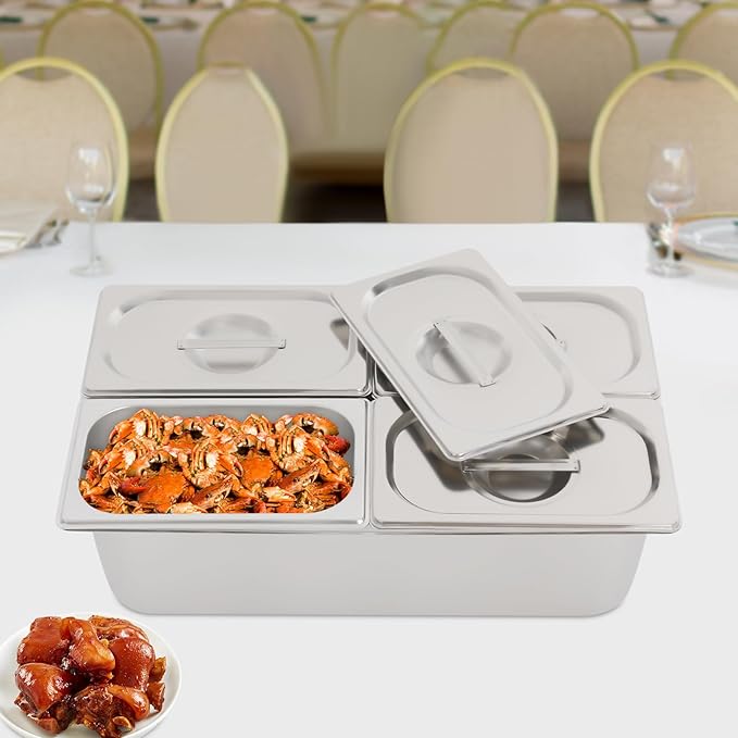 Four-Compartment Fruit Pan, with Acrylic Lids Water-Filtering 18 Pcs Serving Container Stainless Steel for Restaurants Food Trucks Cafes