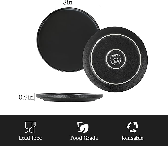 Salad & Dessert Plates, 8 Inch Small Dinner Plates Sets for 4, Dishwasher & Microwave Safe, Porcelain Dinner Dishes for Cake, Fruits, Waffle, Pasta, Salad, Modern Black
