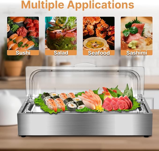 Ice Food Serving Display Tray, Cold Serving Plate with Clear Roll Top, 5QT Stainless Steel Food Serving Tray, Cooling Food Dishes Display Plate for Home, Buffet, Restaurant, Party