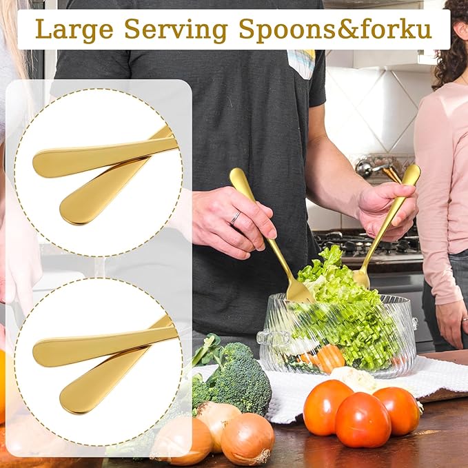 20 Pcs Gold Serving Utensils, Stainless Steel Serving Utensil Set Included Spoons Forks Tongs Slotted Spoon Ladle Cake Server for Kitchen Catering Banquet Wedding Buffet Party