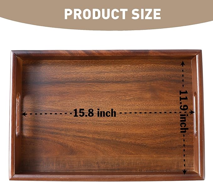Premium Durable Rectangular Wooden Tray with Handle Set of 3(12", 14", 16")-100% Natural Walnut Wood Serving Platter for Coffee Table-Great Ottoman Tray Home Decor Plates for Breakfast & Dining