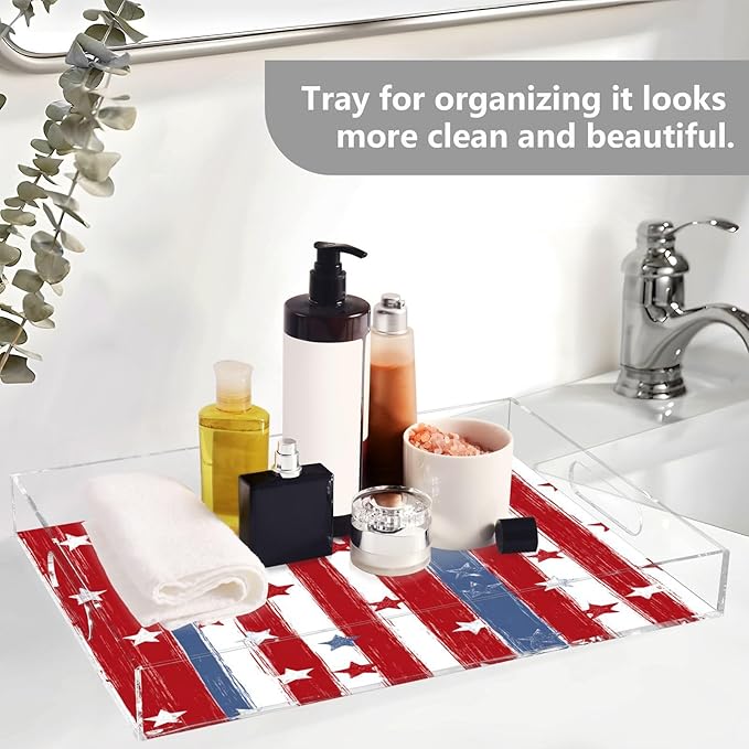 Serving Tray with Handles Clear Acrylic Tray 12x16 Inch Decorative Rectangular Tray Organizer for Ottoman Coffee Table Bathroom Red and Blue Stars Independence Day01