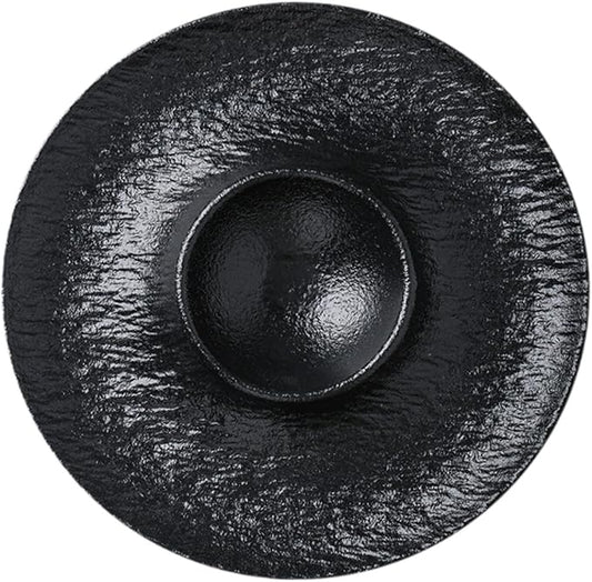 Ceramic Divided Snack Plate with Dipping Saucer, Serving Platter for Dumplings, Fried Chicken, Appetizers, Tacos- Black