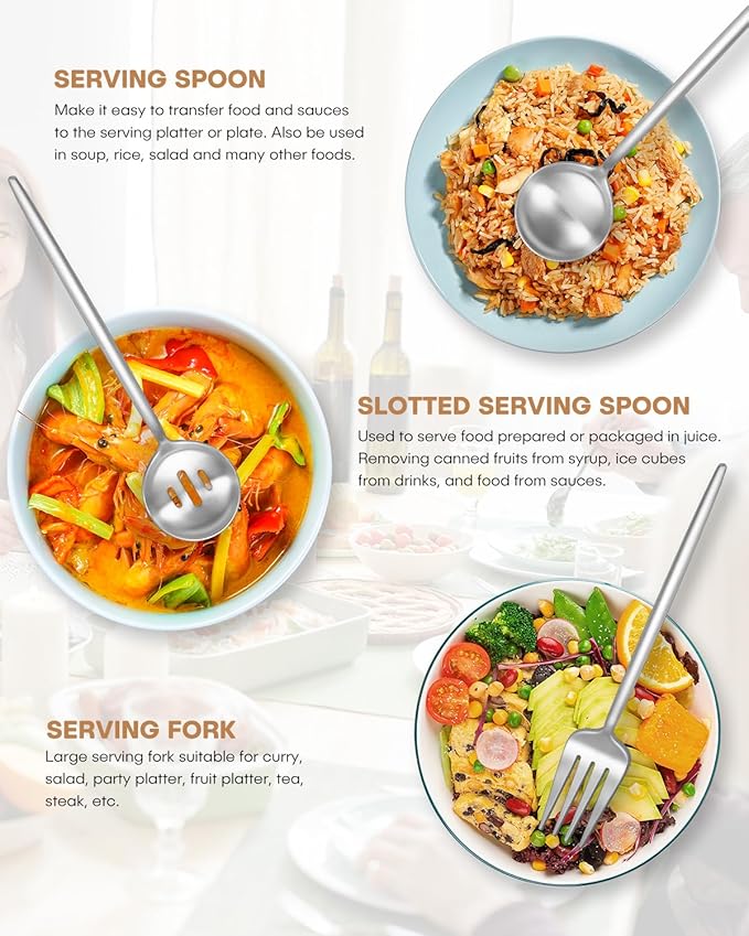 Stapava 5-Piece Matte Serving Utensils, Stainless Steel Flatware Serving Set with Large Spoons, Forks, Sugar Spoon & Butter Knife for Buffet Catering Banquet Party, Dishwasher Safe