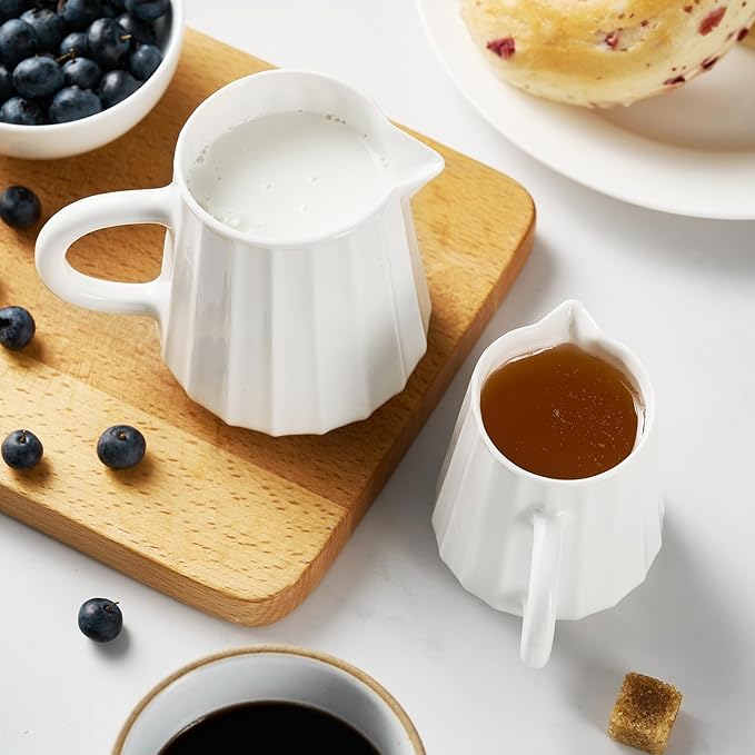 Gurygo Wave Shaped 9 Oz Classic White Creamer with Handle - Small Creamer Pitcher - Fine Porcelain Ceramic Pitcher for Coffee Milk Sauces Salad, Microwave & Freezer Safe