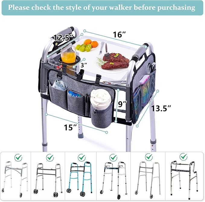BAGSFY Clear View Walker Tray with Cup Holder & Front, Side Pockets, Transparent Folding Walker Table for Seniors, 8.8lbs Load-Bearing Sturdy PP Tray, Universal Fit Walker Accessory for Elderly