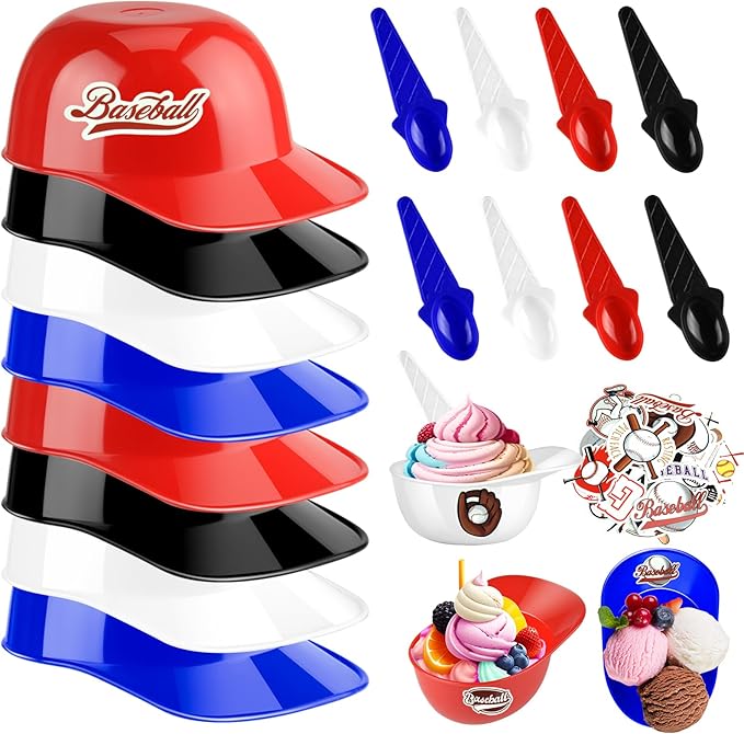 MEEZY 16 Set Baseball Helmet Ice Cream Bowls with 8 Mini Dessert Cups and 8 Spoons, 8oz Reusable Baseball Cap Snack Dessert Cup Bowls Baseball Party Favors for Kids Sports Birthday Party Supplies