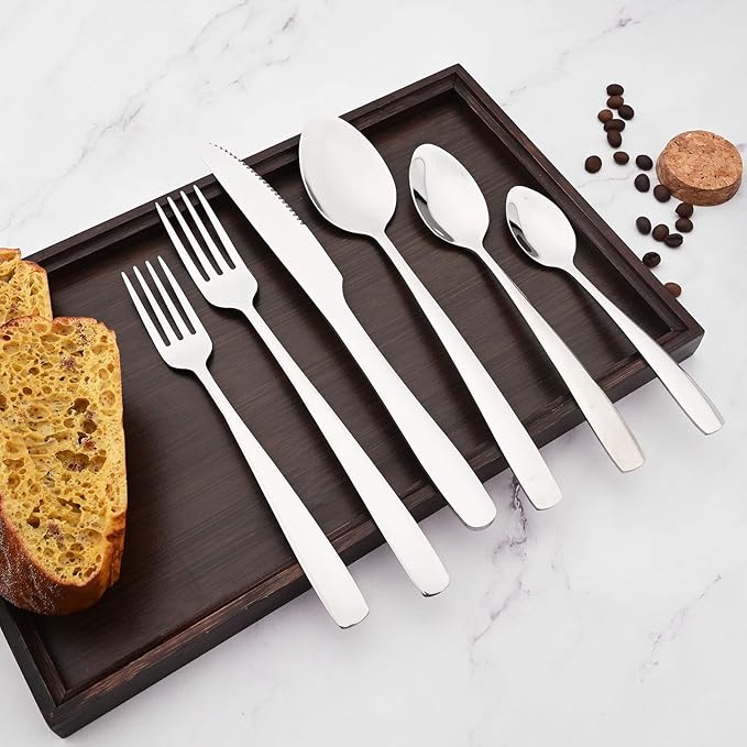 24pcs Silver 304 Stainless Steel Silverware Set with Teaspoons, Elegant Utensils Cutlery Set, Mirror Serving Flatware Set, Service for 4, Dishwasher Safe