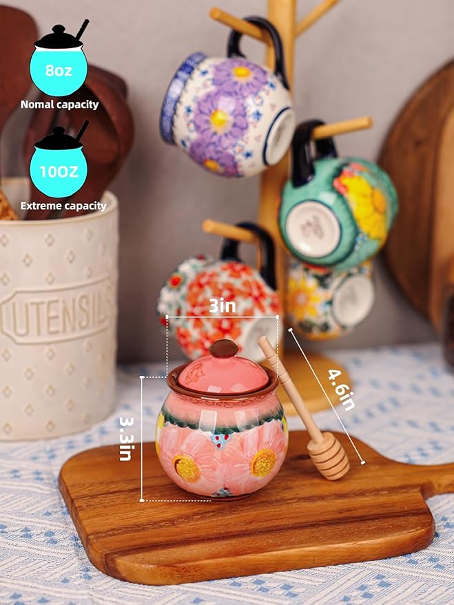 silesia Handmade Ceramic Honey Jar with Lid, 8 oz Floral Design Honey Pot with Dipper, Hand-Painted Honey Containers for Honey, Jam, or Syrup, Dishwasher Safe (Glazed Pink)