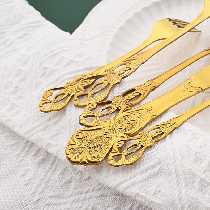 Gold Flatware Set For 4, 20 Pieces 18/0 Stainless Steel Silverware Set, Cutlery Utensils Set Include Knives/Forks/Spoons, Antique Baroque Style & Luxury Mirror Polished