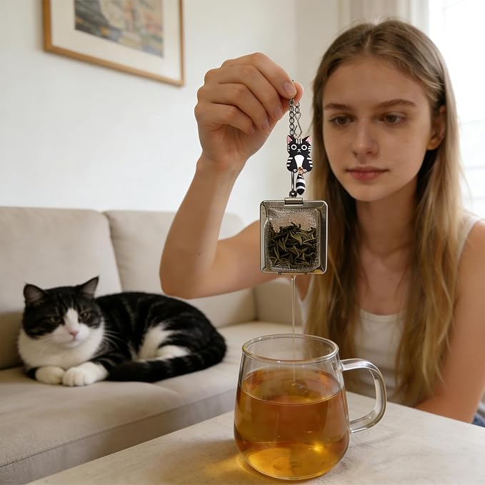 Cat Tea Infuser Set, 2PCS Cubic Loose Leaf Tea Steeper Reusable Stainless Steel Mesh Bags, Cute Tea Strainer with Wagging-Tail Cat Charms (Tuxedo & Calico)