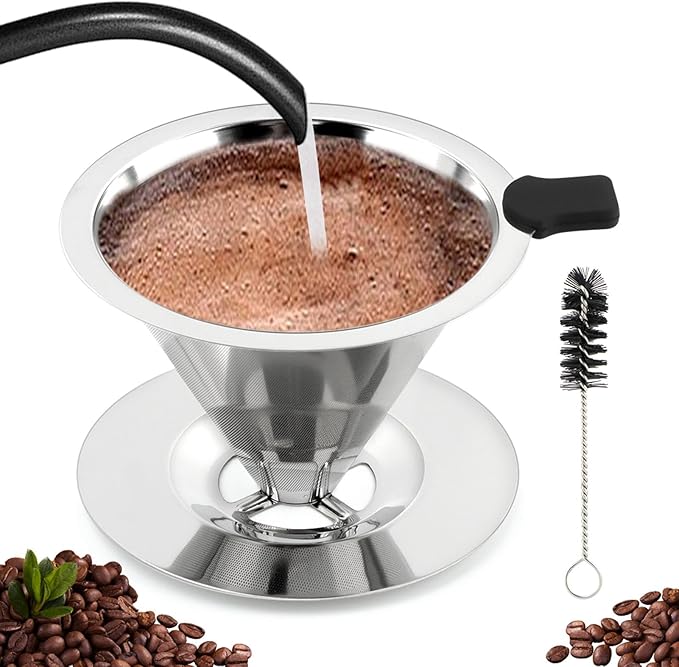 Pour Over Coffee Dripper With Cleaning Brush,Upgraded Double Micro Mesh Filter with Cup Stand,Stainless Steel Coffee Filter,Reusable Coffee Filter,Pour Over Coffee Maker(1-2cup)