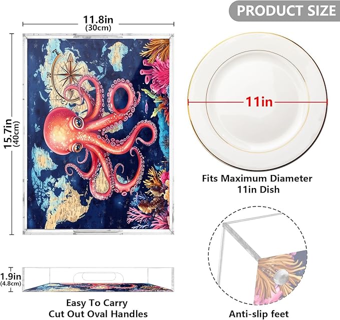 Serving Tray with Handles Clear Acrylic Tray 12x16 Inch Decorative Rectangular Tray Organizer for Ottoman Coffee Table Bathroom Blue World Map and Octopus
