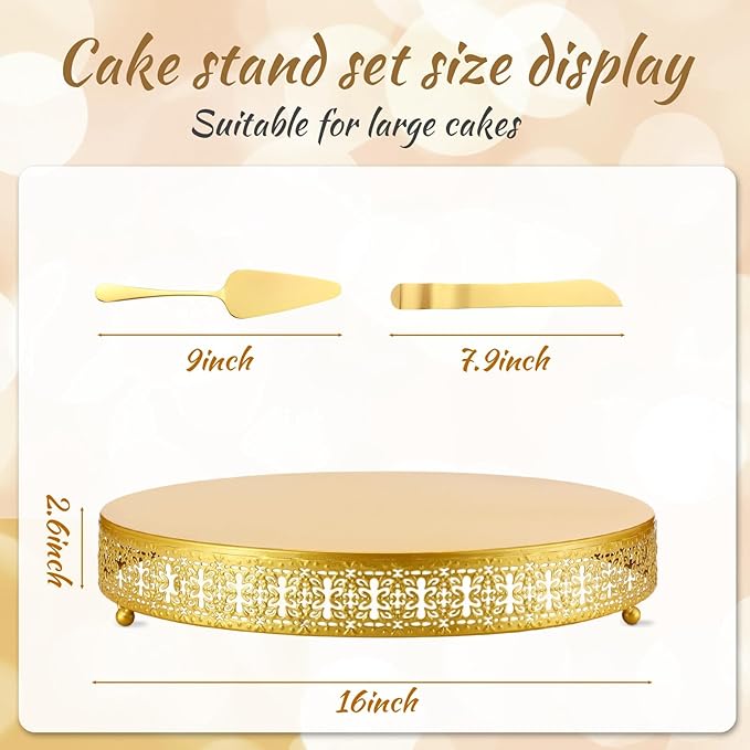 Wenqik Christmas Cake Stand 16 Inch Gold Metal Round Cupcake Dessert Stand with Cake Cutting, Spatula Xmas Cupcake Pastry Display Candy Holder Display for Christmas Wedding Birthday Party
